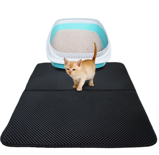 Whiskhora CleanMat black double-layer honeycomb cat litter mat beside a litter box
