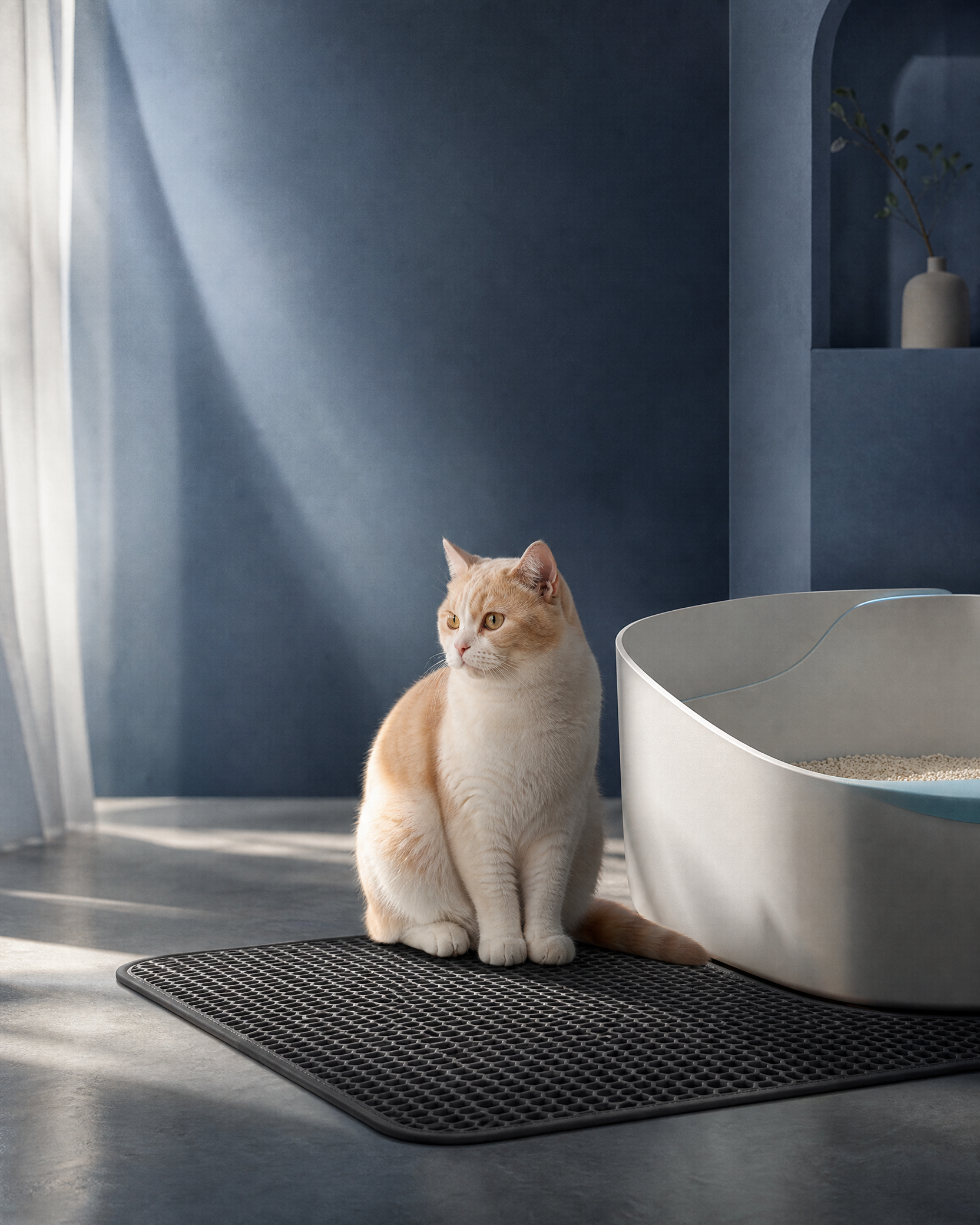 A cat beside a CleanMat and a modern litter box in a blue-toned home
