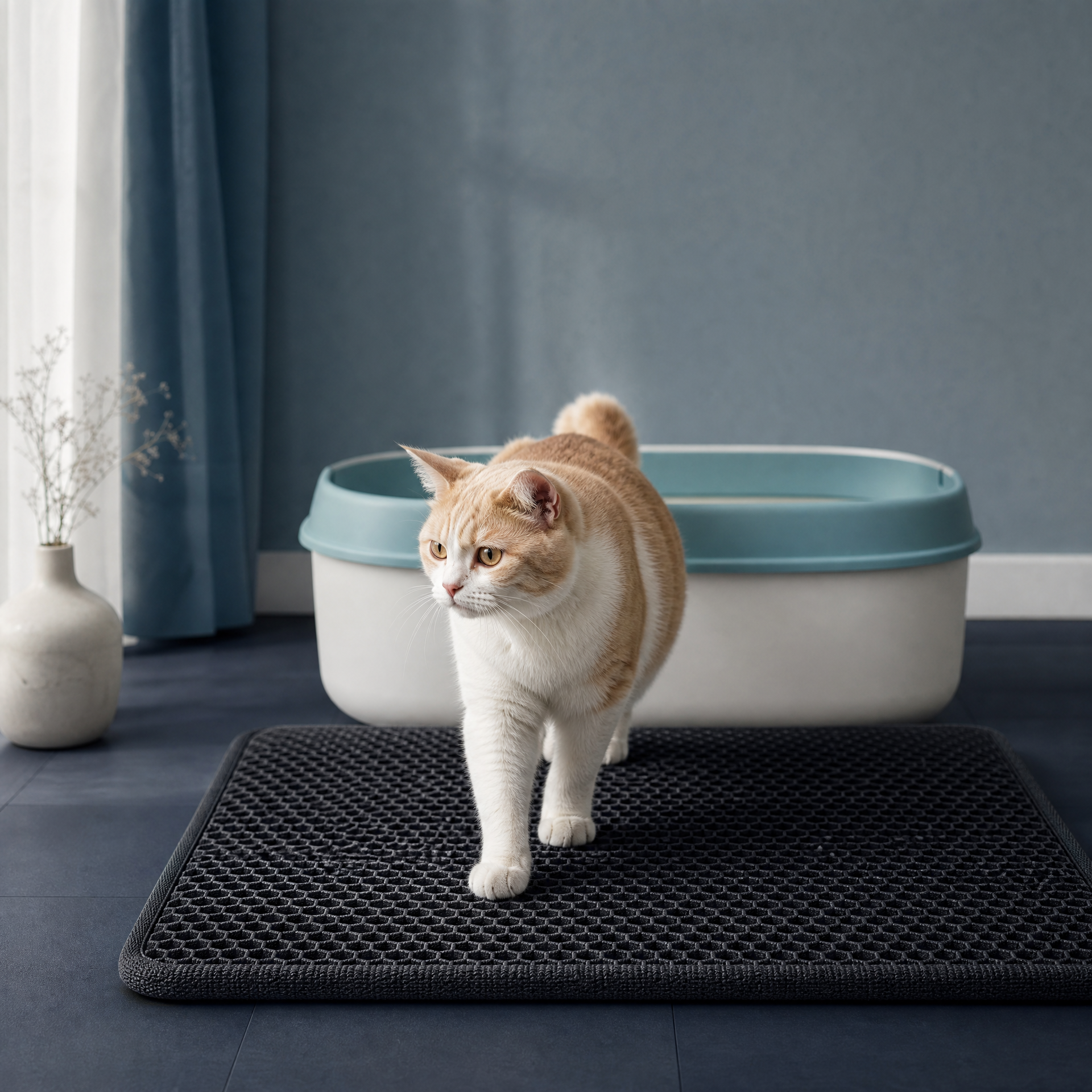 A cat stepping onto a CleanMat beside a modern litter box
